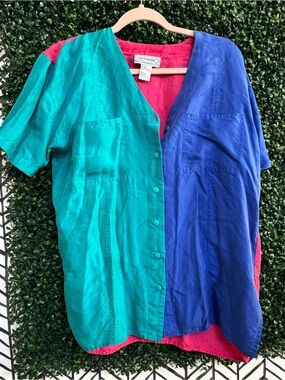 Colorblock Button-Front Shirt in Teal, Royal Blue & Hot Pink
